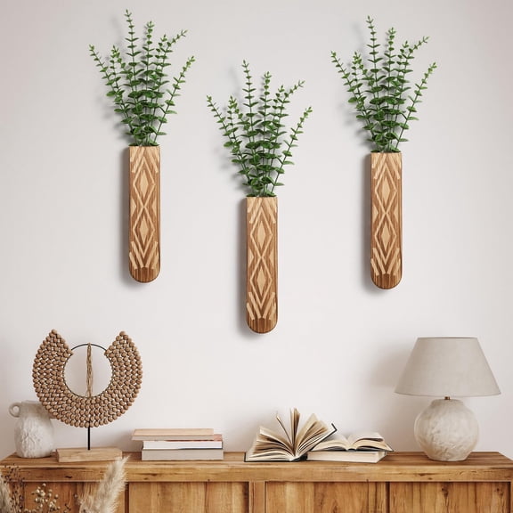 3 Pack Wood Wall Planter, Boho Wall Vase for Hallway Decor and Bathroom Decor, Modern Farmhouse Decor, Wooden Hanging Planter for Holding Dried Flowers and Faux Greenery