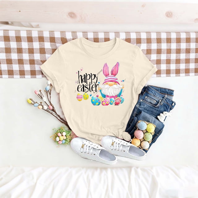 TaTaai Women's Easter Printed Cotton T-Shirt Short Sleeve Crew Neck Loose Fit Casual Summer Chic Tee Daily Work Party Family Wear Gift