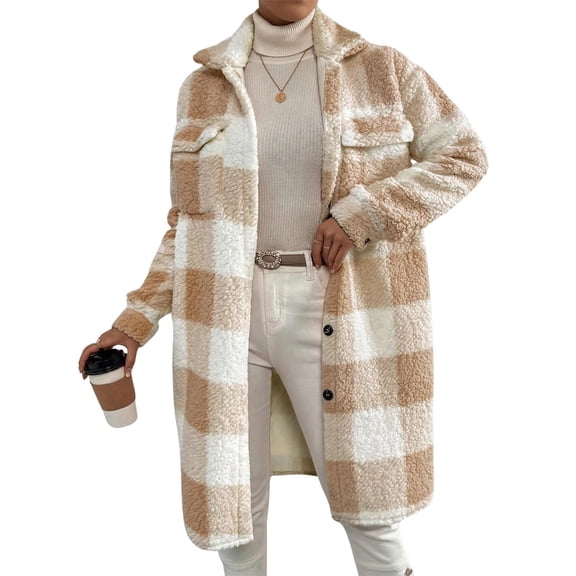 Aellinatey Womens Long Fleece Plaid Jacket Cozy Lapel Button Down Sherpa Shacket Fall Winter Plaid Coats