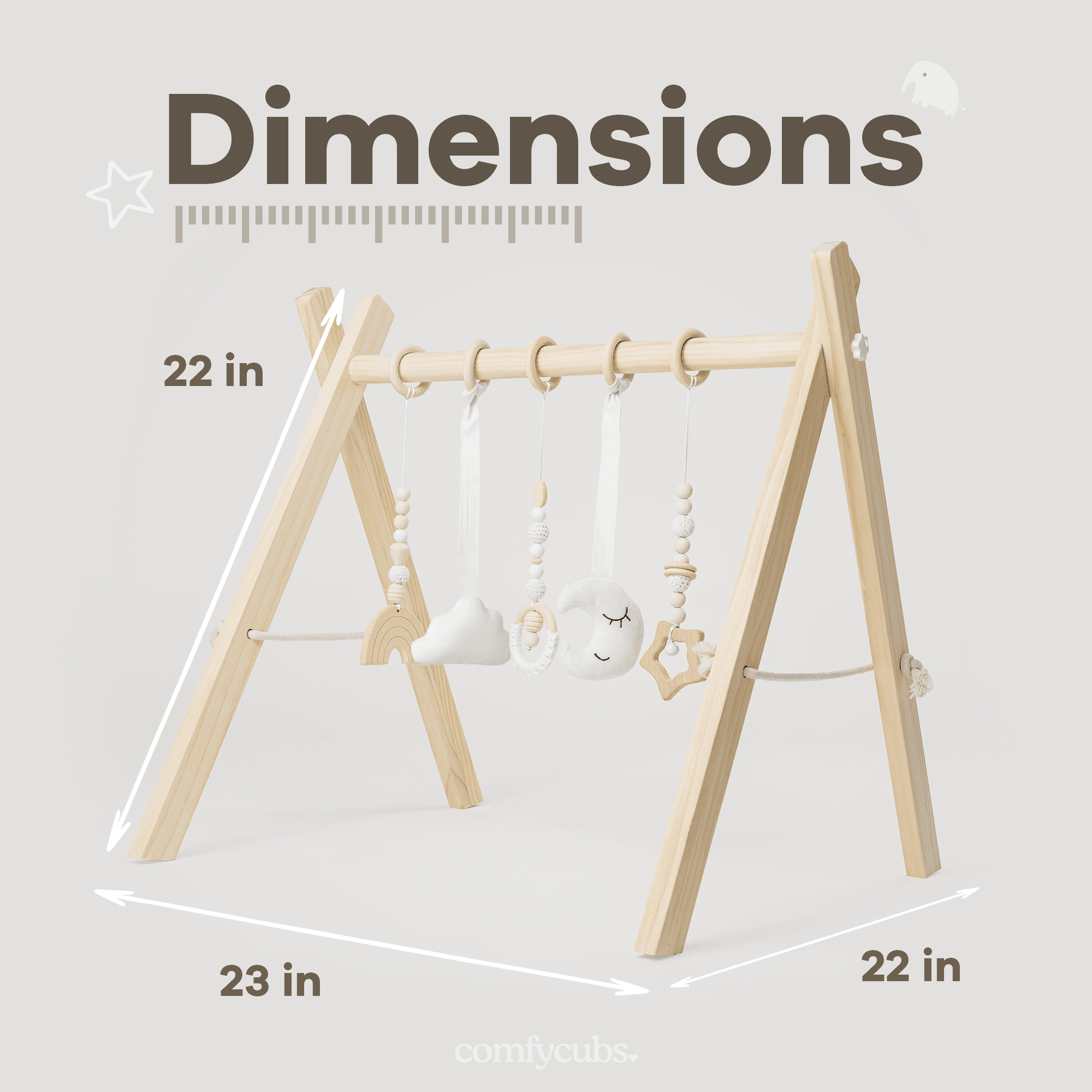 Comfy Cubs Baby Play Gym Set, Wooden Hanging Bar with Gym Toys, Foldable for Infants, Natural Wood