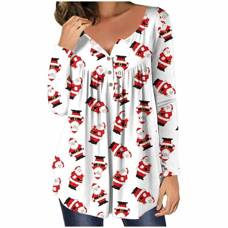 

Ziloco Women s Casual Christmas Printed Pullover Round-Neck Long Sleeve Buttons Blouse Tops bell sleeve tops for women black corset tops for women White XXL