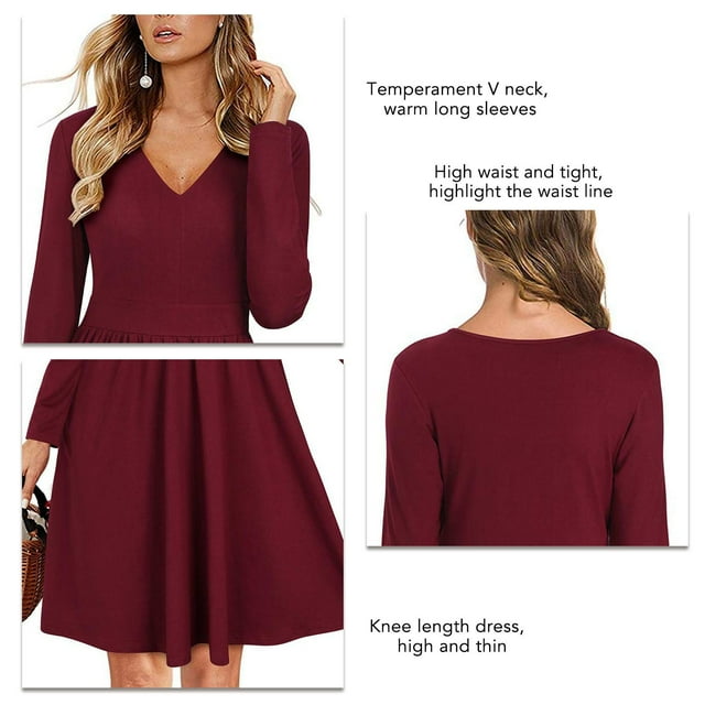 Vestido De Manga Larga, Vestido Drapeado De Color Puro Para Mujer Con Cuello En V Para El Trabajo Para Citas ANGGREK Vino Tinto M