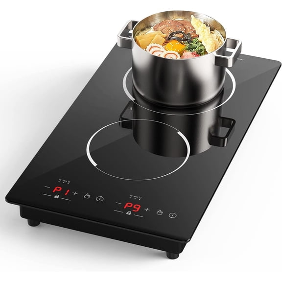 Double Induction Cooktop,110V 2 Burner Induction Cooktop,2300W Electric Stove Top with Independent Control, Ultrathin Body, 9 Temperature, Multiple Power Levels, 2 Hour Timer, Safety Lock