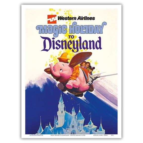 Disneyland Magic Holiday - Western Airlines - Dumbo The Flying Elephant - Vintage Airline Travel Poster c.1970s - Master Art Print (Unframed) 9in x 12in
