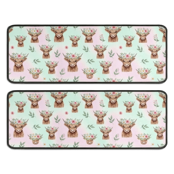 Kitchen Rugs Sets Of 2,Green Highland Cow Flower Pattern Anti Fatigue Kitchen Mat Rugs Non Slip Washable,Decorative Kitchen Floor Mats for Kitchen,Sink,Laundry,17"x47" 17"x47"