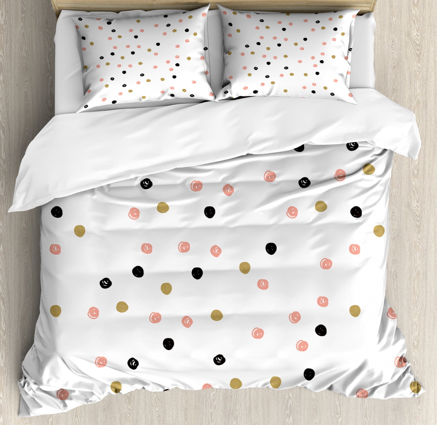 Pink Polka Dots Duvet Cover Set King Size, Doodled Hand Drawn Strokes