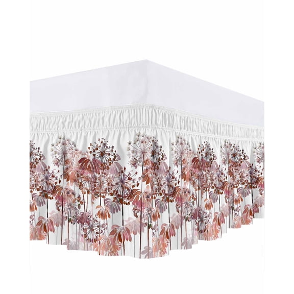 Red Flowers Bed Skirt Queen Size 16 Inch Drop, Spring Watercolor Gradient Red Dandelion Floral Plant Adjustable Elastic Dust Ruffles Bedskirt for Queen Bed Wrap Around Pleated Mattress Frame Cover
