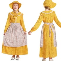 Girls Pioneer Costume Yellow Long Sleeve Floral Dress with Apron Hat