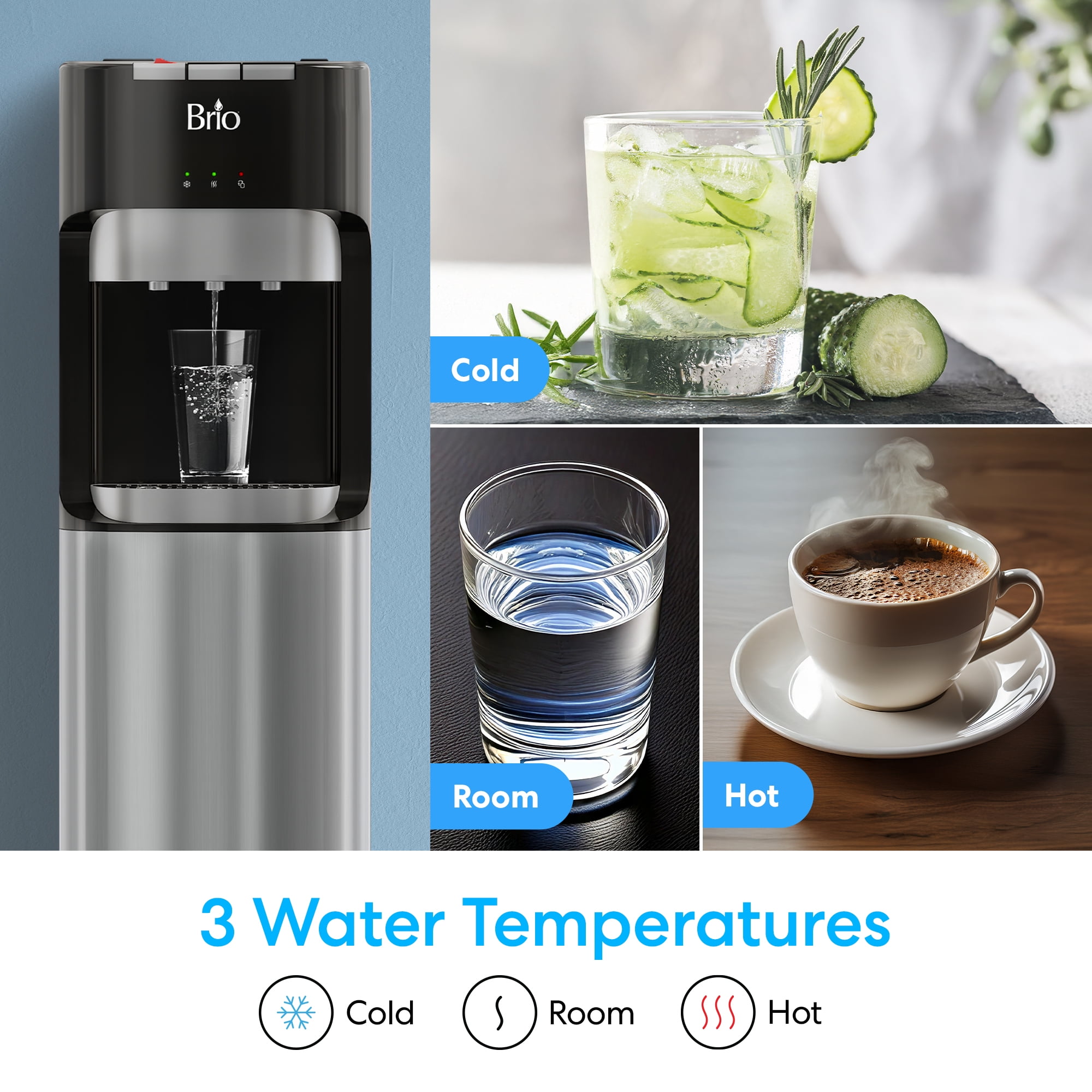 Brio Bottom Load Water Cooler Dispenser with Hot, Cold and Room Temperature Water, Height 41.4"