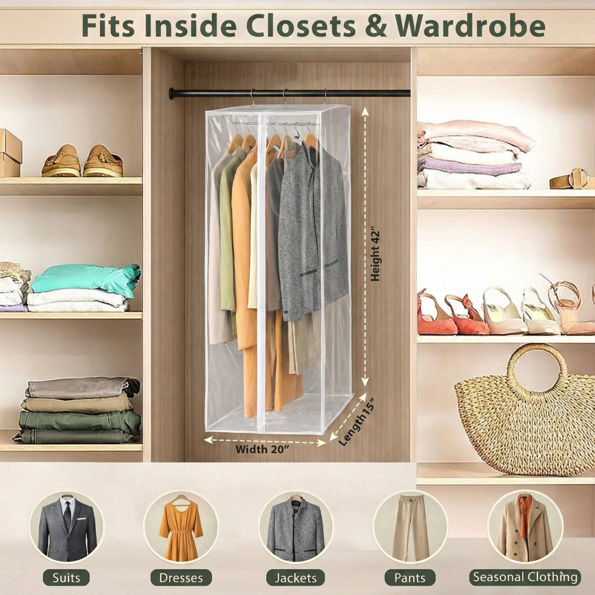 Hold N' Storage Garment Bag - Clear Hanging Closet Organizer with Zipper and Rod - 42"H