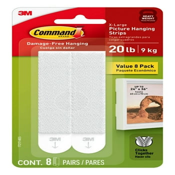 Command 20 Lb XL Heavyweight Picture Hanging Strips, White, Damage Free Decorating, 8 Pair