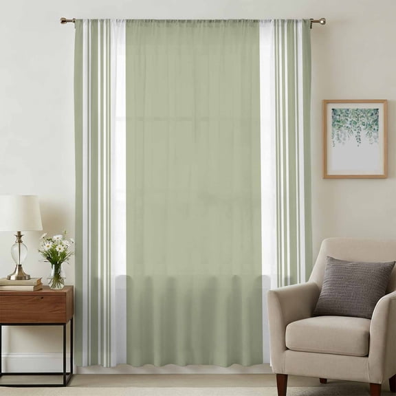 Farmhouse Sage Green Sheer Curtains 63 Inches Long, Aesthetic Modern Line Striped Light Filering Curtains, Breathable Simi Curtain Privacy Drapes for Living Room Bedroom Lightweight Window Treatment