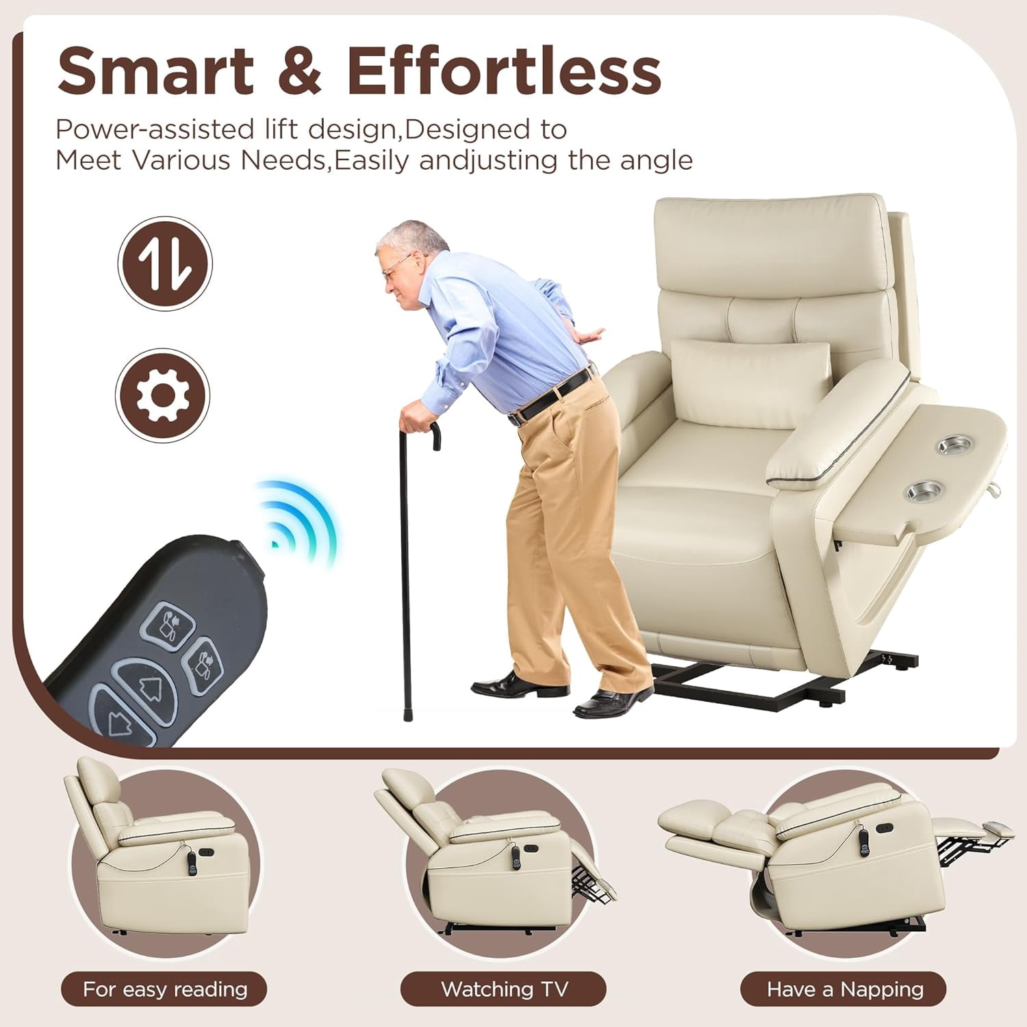 Vabches Power Lift Recliner Chair Dual Motor, Electric Leather Recliner for Adults with Cup Holder, Tray and USB & Type-C, Pillow Side Pocket