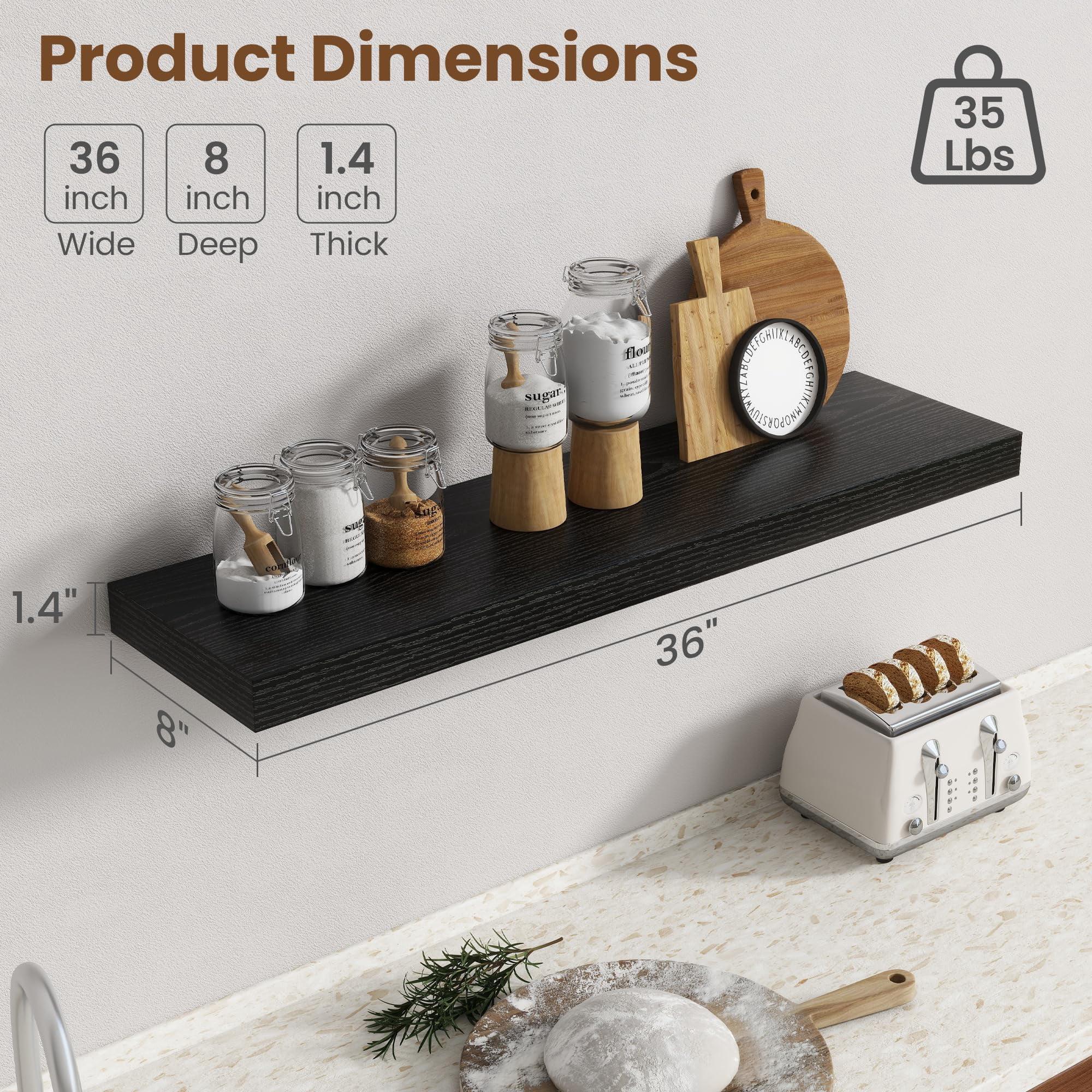 36 Inch Floating Shelves For Wall  8 Deep Shelf Storage & Display Rustic Mounted With Invisible Brackets Living Room Kitchen Bathroom Home Decor Set Of 2 Black