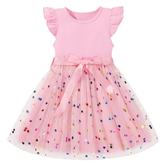 Usaibhir Toddler Girl Birthday Princess Dress Ruffle Sleeveless Sequin Dots Bow Tulle Dresses Tiered Pleated Twirly A-Line Sundress Size 2-7T