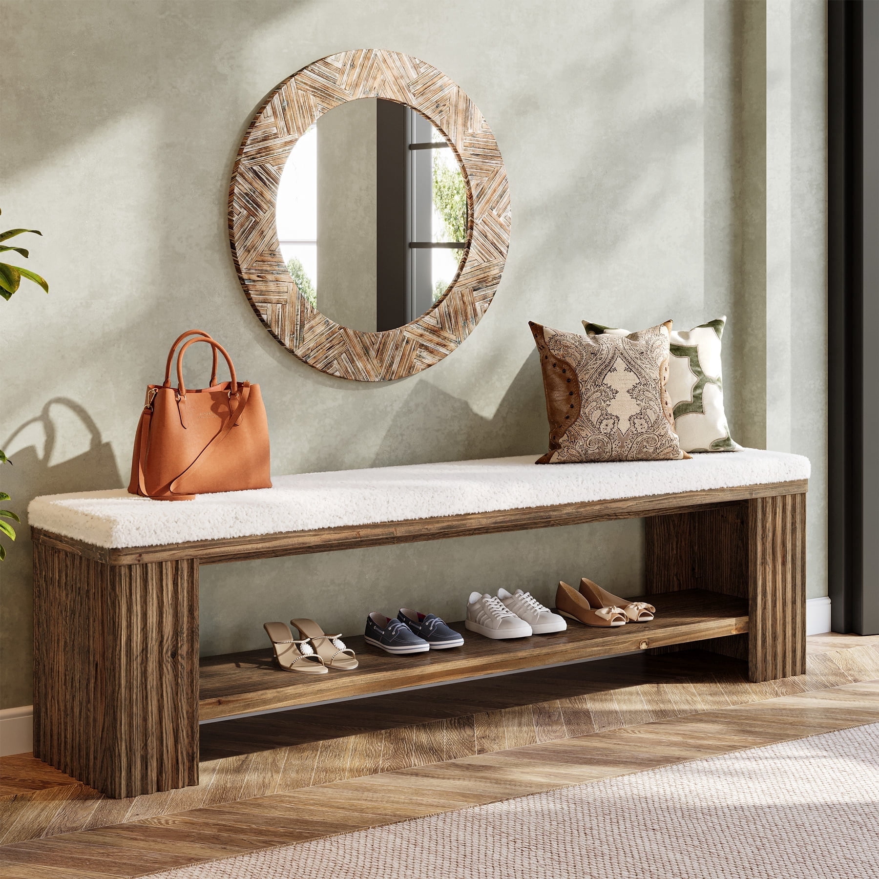 Finmind 63" Solid Wood Entryway Bench, Upholstered End of Bed Bench with Cushion for Entry, Brown
