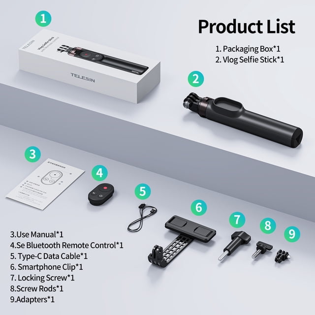 TELESIN TE-RCSS-001 60cm / 23.6in Cámara deportiva Smartphone Vlog Selfie Stick Trípode Soporte con TELESIN Palo de Selfie