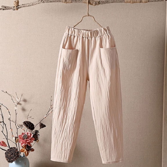 Baqcunre Women's Casual Solid Color Pockets Haren Pants with Small Legs,Color Beige,Size M-3XL