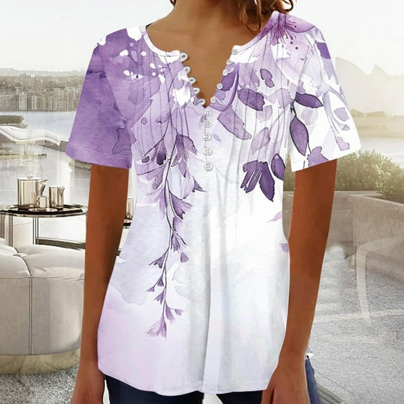 Womens Clothing Homenesgenics Womens Tops under $10 Fashion Women's Casual Printed-Neck Button Fold Short Seeved Tops Blouse Multicolor XXL