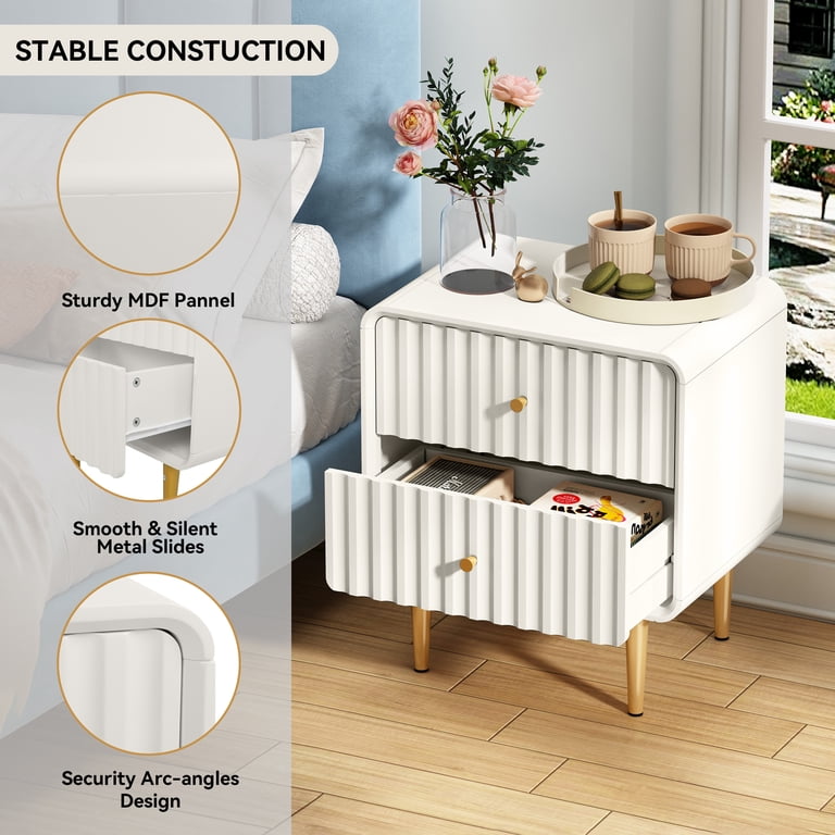 HLR 20" Modern Fluted Nightstand, White with Gold Handles photo 6