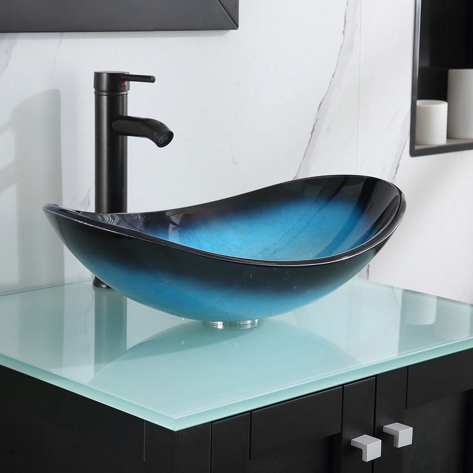 Walsport 24" Luxurious Bathroom Vanity with Blue Tempered Glass Vessel Sink Bowl and Countertop and Mirror and Faucet,Stand Floor Cabinet Bathroom Storage Vanity with Pop Up Drain,Black