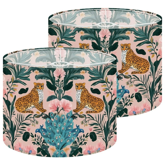 Lampshades 2 Pack Leopard Jungle Animal Boho Leaf Leopards Peacocks Tropical Leaves Pink 13"x13"x10" Light Shade for Table Lamps Floor Lamps Drum Lamp Shades Lampshade Replacement Easy Assembly