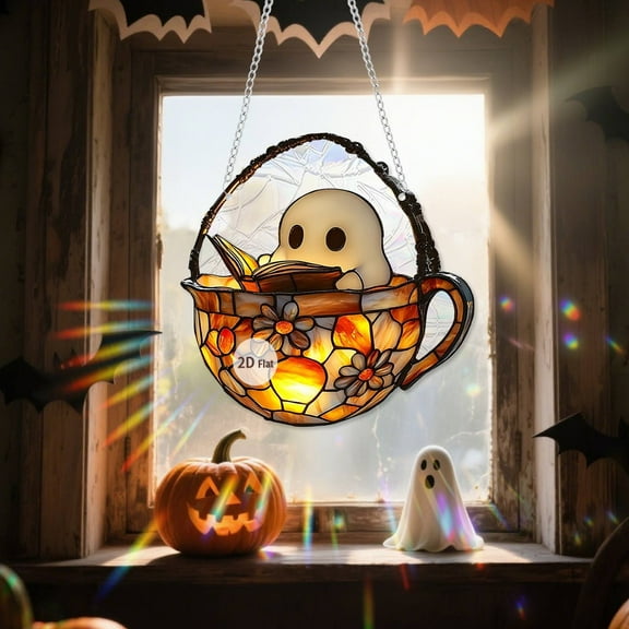 Spooky Ghost Reading Book Acrylic Suncatcher, Cute Window Hanging Books Funny Decor, Reader Librarian Sun Catchers for Windows Indoor Decorations Outdoor, 7.87x7.87"