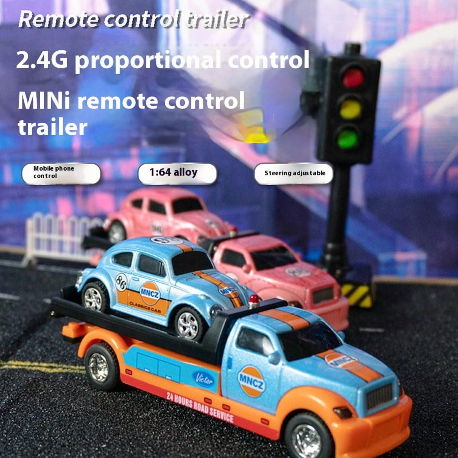 Mini RC Truck,1:64 Scale Car,Remote Control Car with Lights, 2.4Ghz Rc Truck with Trailer,Speed/Steering Adjustable