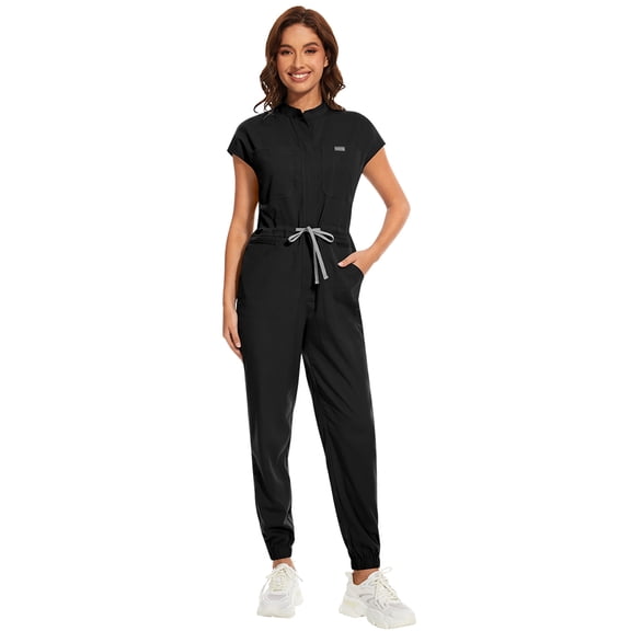 Niaahinn Women's Scrub Jumpsuit In 8 Pocket Scrubs Set with Front Zipper Open Placket Neckline Top and Elastic Waist