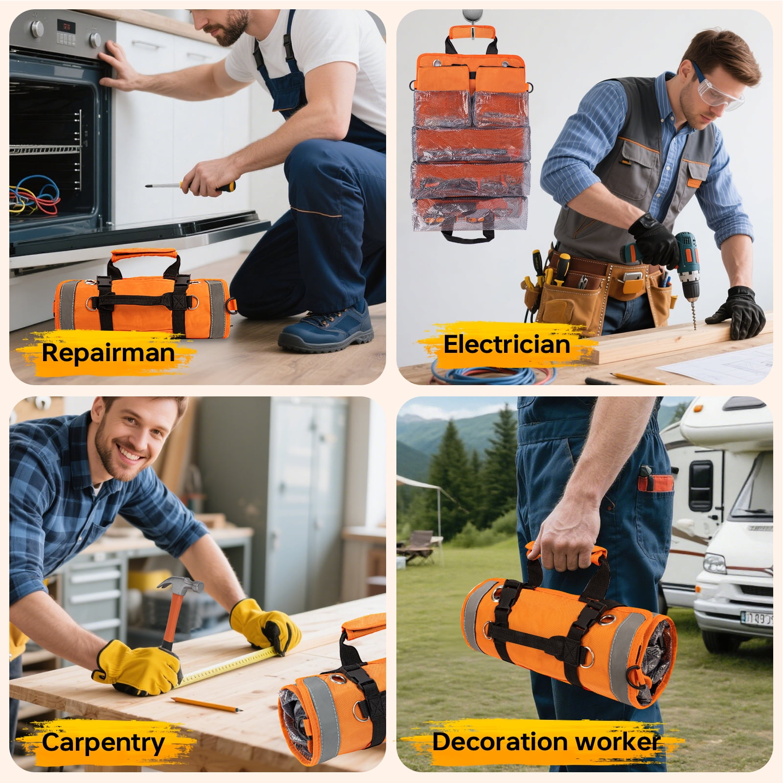 STARWAL 18Pc Orange Tool Set, Home Tool Kit for DIY w/ Hammer, Pliers, Wrenches, Duty Roll up Foldable Tool Bag
