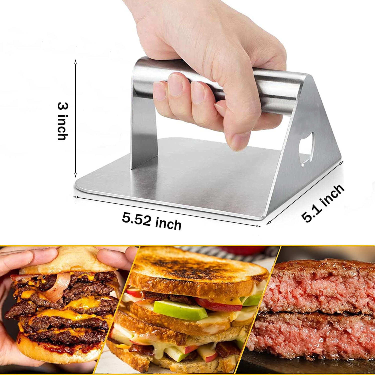 DONPRIX Smash Burger Press Kit with Anti-scald Handle - Stainless Steel Hamburger Press - 5.5 in Round Hamburger Smasher Tool - Burger Smasher for Griddle 