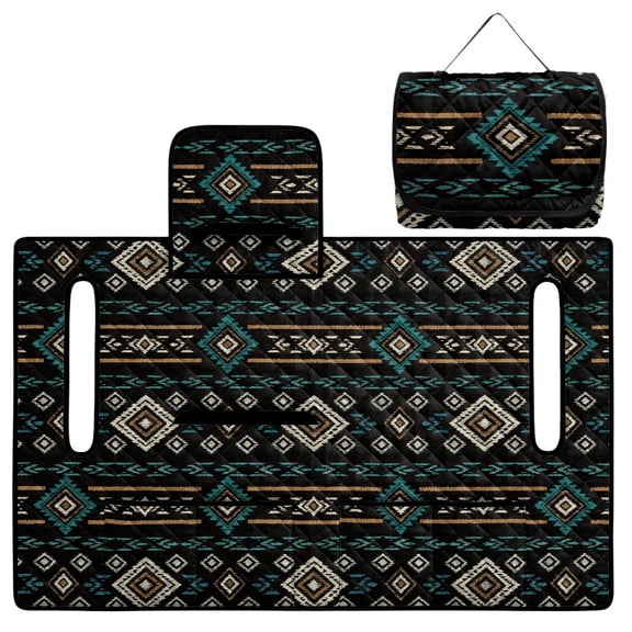 COEQINE Quilted Golf Cart Seat Cover, Folds Like a Bag with Handle for Easy Carry, Universal Fit 51.2"x30.3" for EZGO Yamaha Club Car 2-Seaters, 4 Pockets, Southwest American Tribal Blue Black