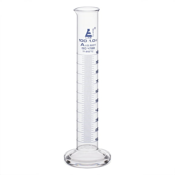 Graduated Cylinder, 100ml - Class A Tolerance ?0.50ml - Round Base - Blue Graduations - Borosilicate 3.3 Glass - Eisco Labs