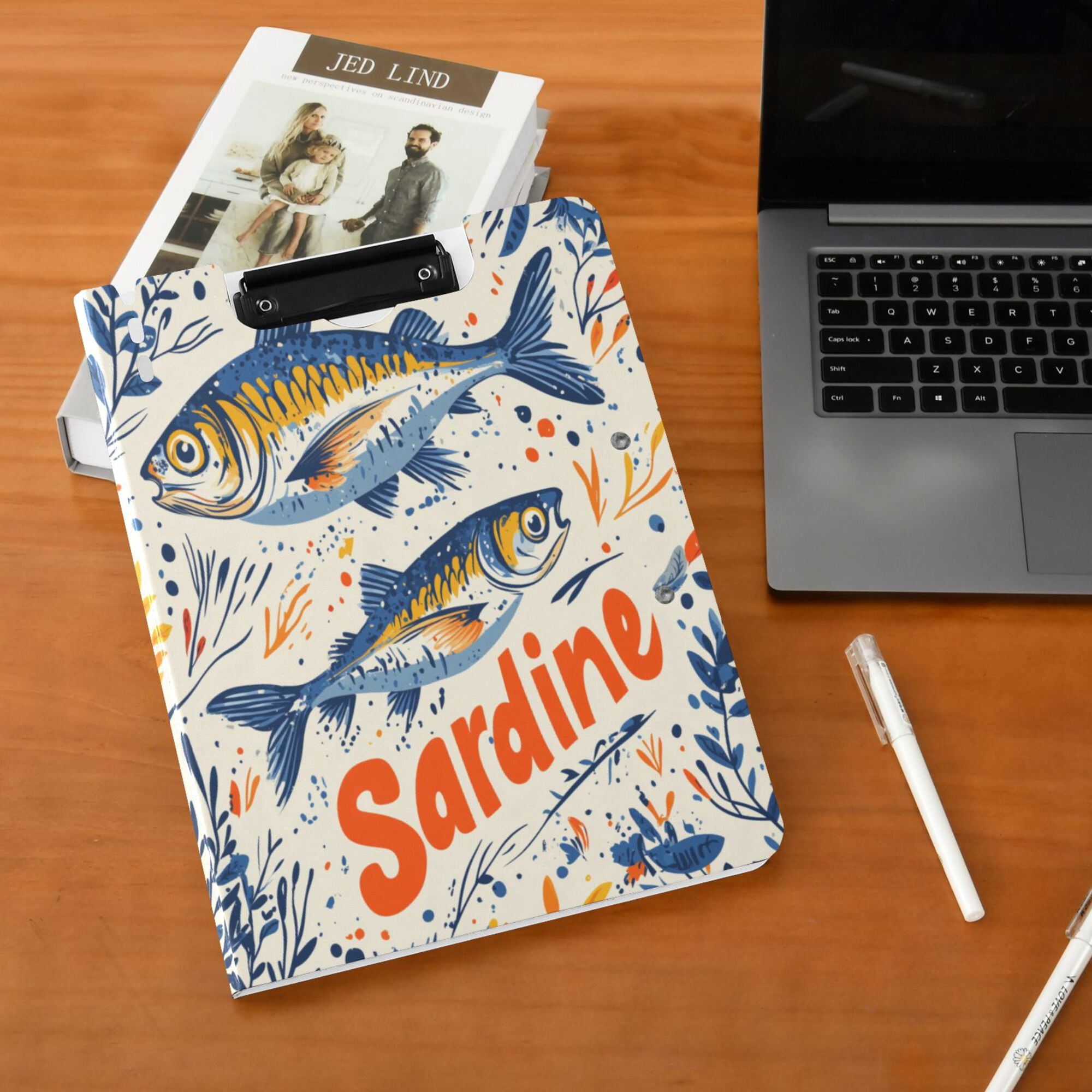 FORMRS A4 Clipboard Folder with Pen Holder Horizontal Foldable School Office Binder, Blue Sardines Pattern