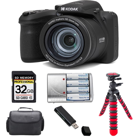 Kodak PIXPRO AZ405 Digital Camera (Black)   Extra Battery  Tripod   Case -32GB Kit