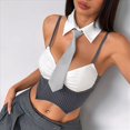 thumbnail image 4 of Conjunto de Dos Piezas A Rayas para Mujer, Que Incluye un Top de con Cuello Falso y una Minifalda Gris S, 4 of 10