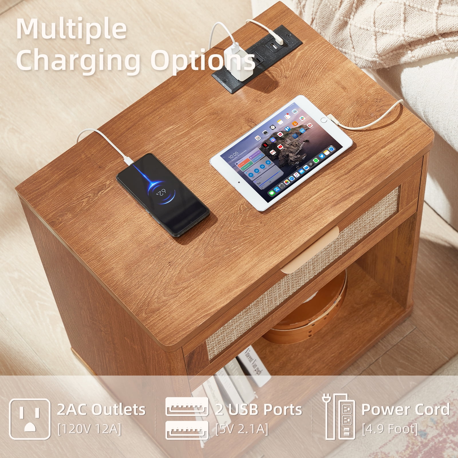 LELELINKY 2pc Rattan Nightstand with Charging Station, 23" Wide Boho Bedside Table with Drawer and Shelf for Bedroom, Living Room, Tea Color