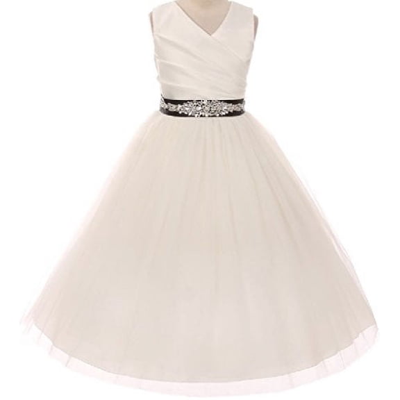 Big Girls' Custom Rhinestone Belt Communion Flowers Girls Dresses Ivory Black 10 (MB27K6CB)