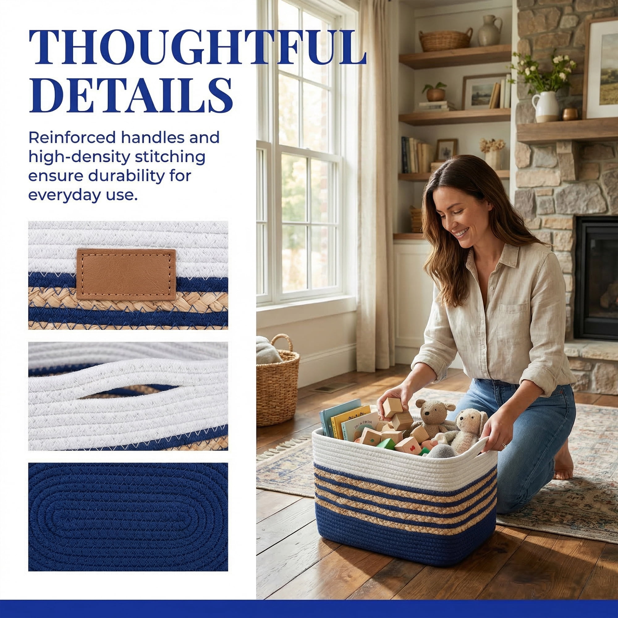 Unique Bargains Woven Storage Basket Storage Bin Blue White 15*9.8*9.1in