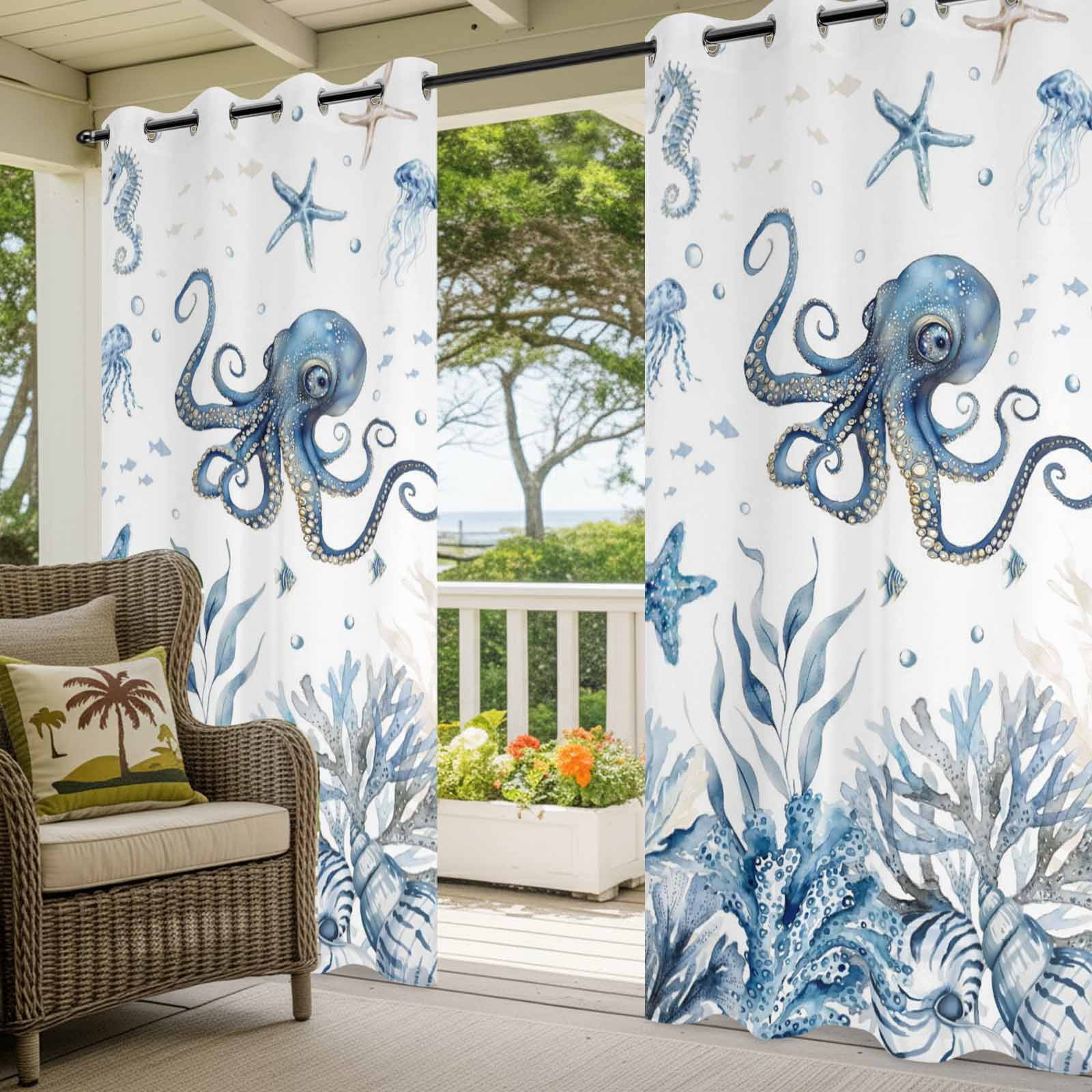 Marine Life Outdoor Curtains for Patio, Ocean Octopus Coral Sea Star Seashell Jellyfish Coastal Sunshade Privacy Drapes Grommet Waterproof Outside Curtains for Porch/Cabana/Balcony 54"x 108", 1 Panel
