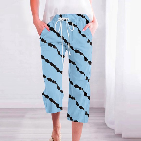 ZHUGeLI Trousers Pants for Women Plus Size Linen Capris Pants Vintage Floral Print 3/4 Length Trouser Drawstring Wide Leg Capri Pant Capri Pants Comfy Trousers Elastic Pants