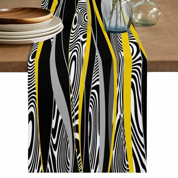 Table Runner 72 Inches Long for Kitchen Dining, Yellow Black Stripes Dresser Scarf Farmhouse, Dining Table Decorations for Wedding/Parties, Modern Grey Ombre Abstract Striped 18 x 72 In