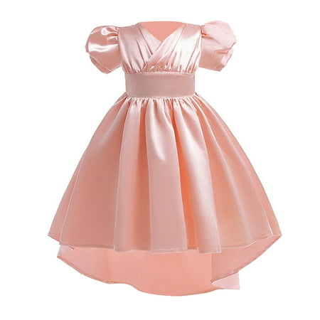 

Icvfdpl Girl s Dress Lace Neck Solid Color Comfort Waist Short Sleeve Bow Tie Embroidery Ruffles Evening Wedding Beach Party Toddler Dresses