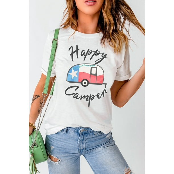 ABPHQTO Camiseta de cuello redondo con estampado de coche camper feliz blanco para mujer
