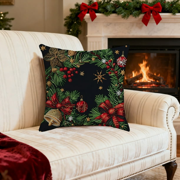 Funda de cojín navideña de lino de 45 x 45 cm | Funda de cojín de sofá de lino con estampado festivo | Diseño de copos de nieve rojos, verdes y dorados con Papá Noel