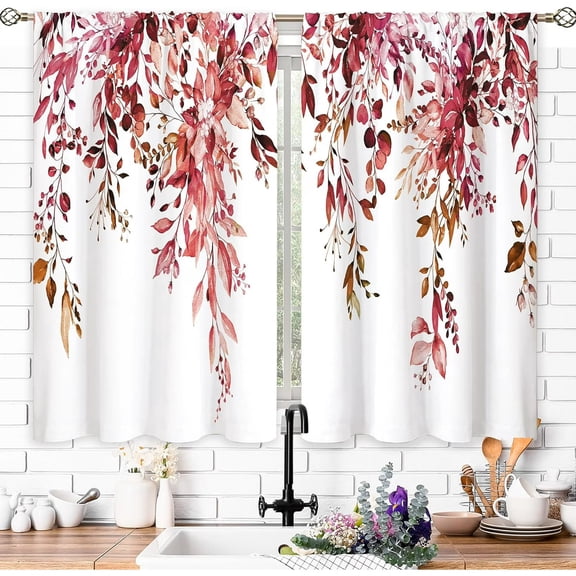 2 pcs Kitchen Curtains Watercolor Red Leaves Window Treatment Flower Floral Plant Botanical Cafe Short Curtains for Bathroom Dining Fall Tier Treatment Drapes 27.5x39 inch