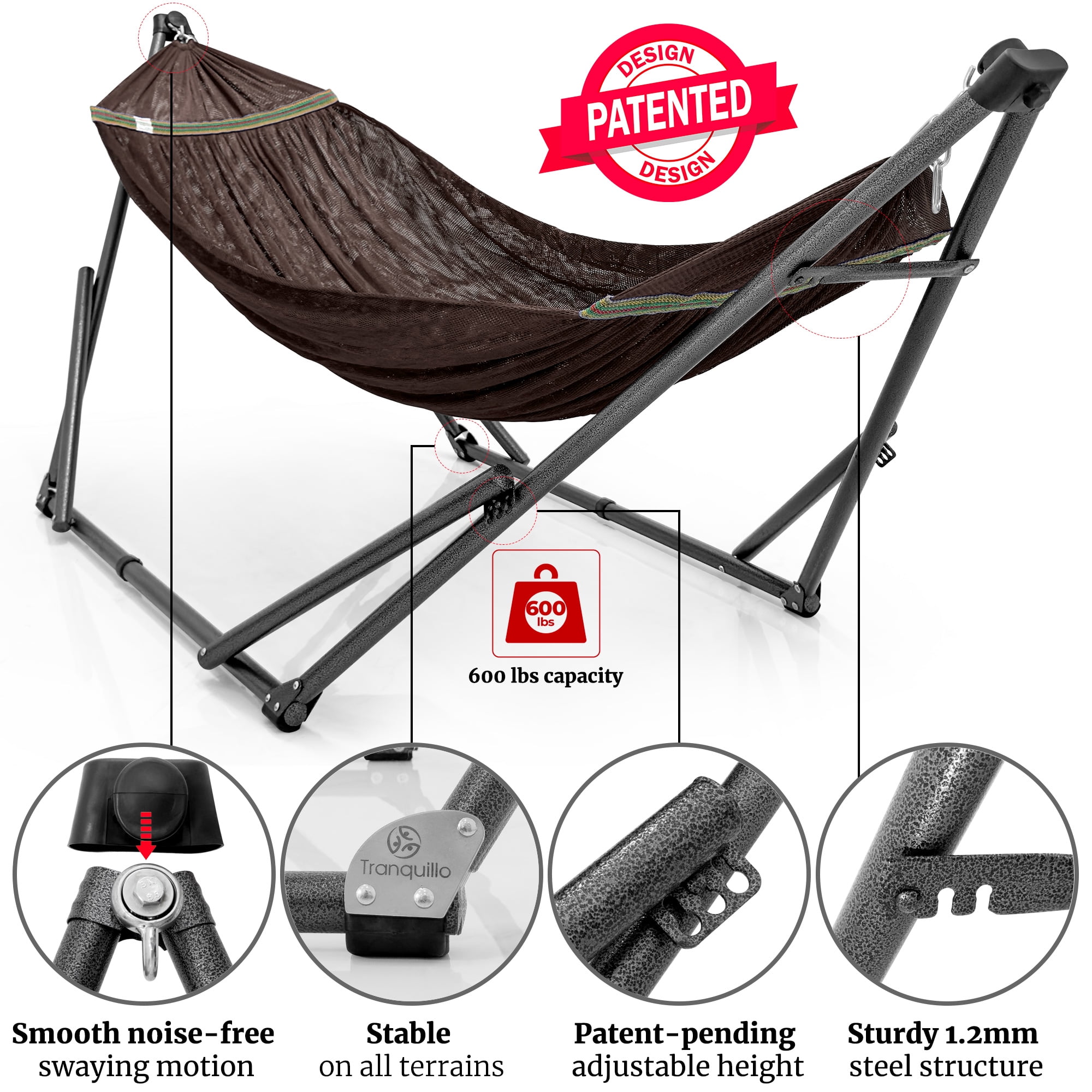 Tranquillo 600lb Capacity 2 Persons 2 Hammocks Included/Foldable Portable Hammocks with Stand, Tree Straps, Carry Bags for Garden Camping, Brown