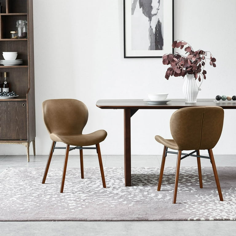 Kithkasa Mid Century Modern Dining Chairs Set of 2 18 Seat Height Faux Leather Side Chair with Wood Legs for Kitchen Dining Room Brown