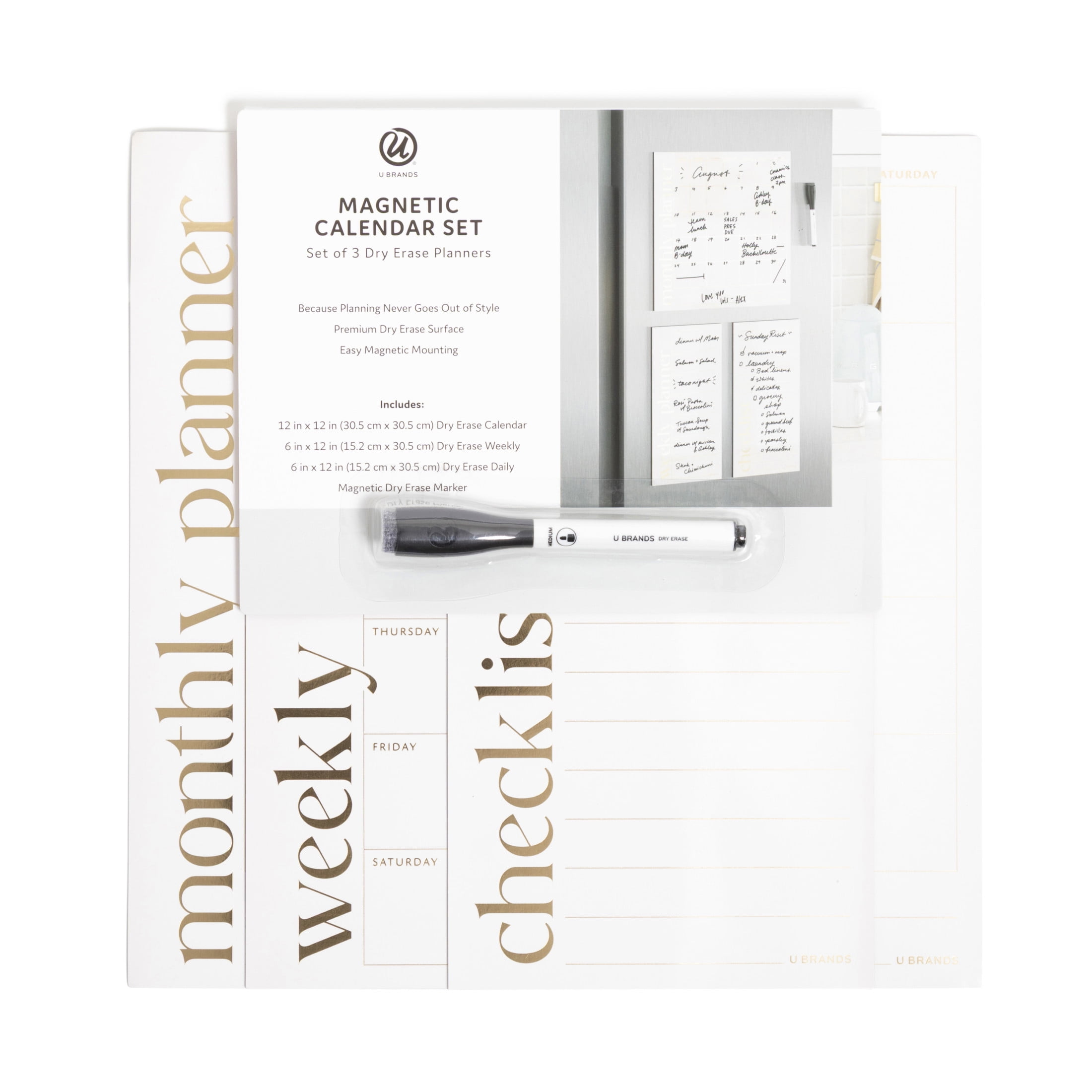 U Brands 3-Piece Vinyl Magnetic Dry Erase Calendar Planner Set with Marker