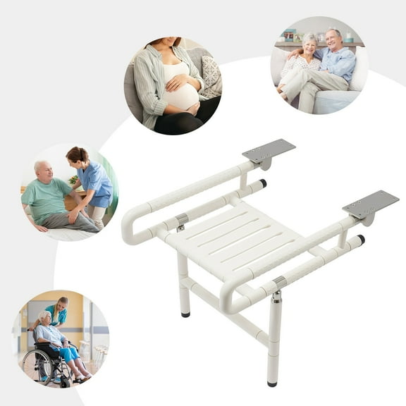 Folding Shower Seat Wall Mount, Foldable Wall Wood Shower Chair Bench w Handrail